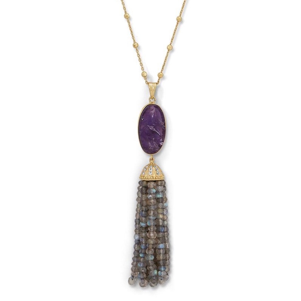 New! Raw  Amethyst and Labradorite Tassel Necklace